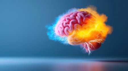 A vibrant 3D render of a human brain engulfed in a dynamic electrical storm of blue and orange energy, symbolizing a powerful idea, mental breakthrough, or emotional intensity, ideal for motivational or scientific content. The light blue background provides contrast and a sense of clarity for the energetic conceptの素材