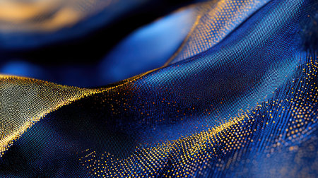 A close-up 3D render of a flowing, textured fabric-like surface composed of dark blue and shimmering gold particles, ideal for luxury branding, financial services, or high-end corporate materials. The rich color palette and soft focus convey a sense of wealth, elegance, and digital sophistication.の素材