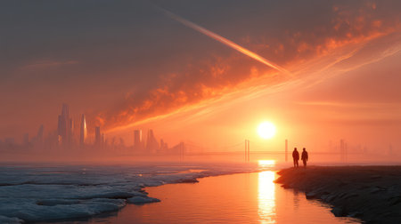 A dramatic, dystopian scene showing silhouettes of people walking across cracked, dry earth under a massive, scorching sun in a futuristic, heatwave-stricken city. This powerful, conceptual image is perfect for articles, reports, and campaigns on climate change, global warming, extreme weather, and environmental crisis.の素材