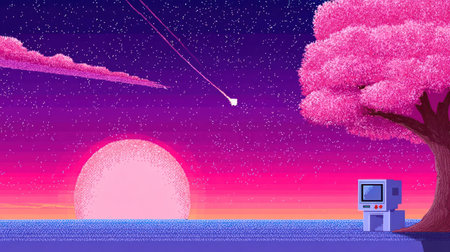A vibrant, dreamy pixel art illustration in the synthwave style, featuring a glowing pink sunset, a cherry blossom tree, and a retro computer monitor in the foreground. This image is ideal for content on 80s and 90s nostalgia, retro-futurism, gaming, and digital art aesthetics.の素材