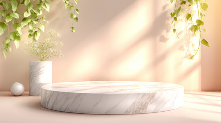 A 3D-rendered eco-friendly product display podium with golden accents, marble textures, and natural leaves for sustainable brand presentations.の素材