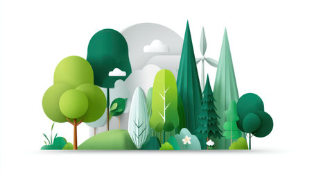 A charming, layered illustration of a dense forest featuring various shades of green trees and a subtle wind turbine, symbolizing the integration of renewable energy with nature and a commitment to a sustainable future. This image is ideal for content on clean energy, environmental policy, and green technology.の素材