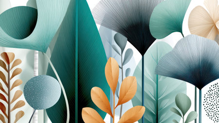 A vibrant, abstract illustration featuring a dense arrangement of stylized tropical leaves and foliage in teal, green, and warm orange tones, with a delicate, textured line art style. This image is excellent for modern graphic design, backgrounds, and content related to biophilic design, tropical ecology, and natural wellness.の素材