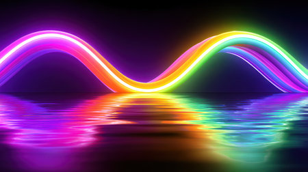 Vibrant multicolored neon light waves flowing dynamically across dark background with reflection effect in modern digital art style.の素材