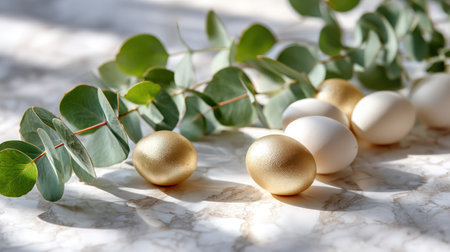 A luxurious and modern close-up of golden and white Easter eggs on a white marble background, accented by a fresh eucalyptus branch, perfect for high-end marketing, sophisticated blogs, and elegant spring presentations.の素材