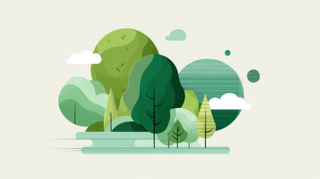 A modern, stylized illustration of a lush forest landscape using layered green shapes and simple clouds, conveying a sense of clean air, nature, and environmental harmony. This image is perfect for graphic design, websites, and presentations on ecology, conservation, and sustainable living.の素材
