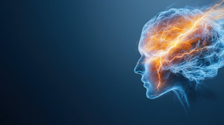 A dramatic 3D digital illustration of a human head in profile, with the brain glowing with intense orange and blue electrical energy, perfect for illustrating concepts of intelligence, mental health, AI, and cognitive function. The dark blue background and glowing effect create a powerful, high-tech visual with copy space.の素材