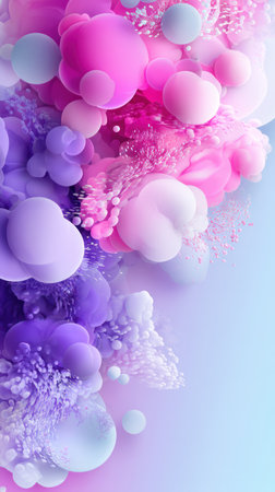 A dynamic composition of floating 3D pastel bubbles in pink, purple, and soft blue tones creates a dreamy abstract background. Ideal for marketing materials, beauty and fashion branding, social media graphics, website headers, and modern digital design projects.の素材