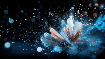 A stunning 3D render of a digital explosion or particle burst, perfect for illustrating concepts of big data, technology, innovation, and dynamic energy in marketing materials, presentations, or website backgrounds. The image features a dynamic flow of blue and orange particles against a dark background, creating a sense of high-speed movement and futuristic powerの素材