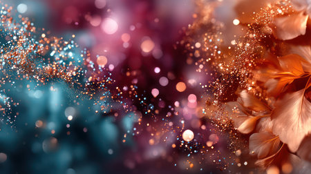 Enchanting abstract scene blending soft-focus flower petals, swirling golden glitter, and dreamy bokeh lights against a dark, atmospheric backdrop. Perfect for beauty campaigns, event invitations, or fantasy-themed content. Evokes magic, celebration, and ethereal beauty. Ideal for social media graphics, greeting cards, or luxury brand visuals.の素材
