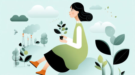 A charming, stylized illustration of a woman sitting and gently holding a potted plant, with a smoking factory visible in the background, representing the personal commitment to environmental protection despite industrial challenges. This image is ideal for content on sustainability, corporate social responsibility, and the balance between development and conservation.の素材