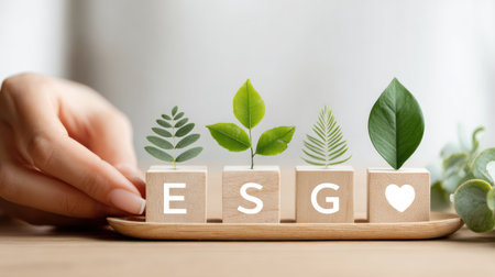 A hand places a wooden block with a green leaf, forming the acronym ESG alongside other blocks featuring various growing plants. This clear, symbolic image is excellent for illustrating concepts of ethical investment, green finance, corporate governance, and the tangible growth resulting from sustainable business practices.の素材