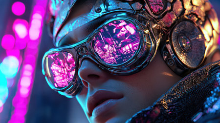 A striking close-up of a person wearing high-tech, metallic goggles that reflect a vibrant, neon-lit cyberpunk cityscape, ideal for representing concepts of digital vision, augmented reality, and future technology interfaces. The intense pink and blue lighting emphasizes the futuristic and immersive nature of the sceneの素材