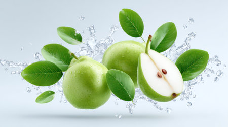 Green pears with leaves splashing in clear water against a clean white background.の素材
