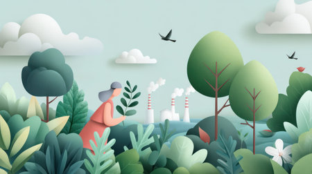 A beautiful, layered paper-cut style illustration showing a woman in a lush green foreground holding a leaf, with smoking factory chimneys visible in the background, symbolizing the conflict between nature and industrial pollution. This image is perfect for environmental advocacy, corporate social responsibility reports, and discussions on green transition and pollution control.の素材