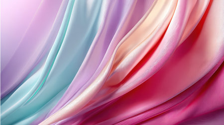 Soft flowing silky waves in vibrant pastel colors create a luxurious abstract background, ideal for branding, social media, product packaging, fashion visuals, and modern presentations. Smooth texture and elegant motion evoke calm, sophistication, and creativity.の素材