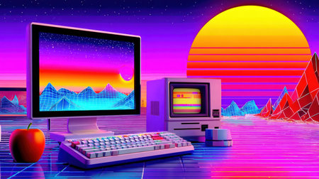 A stunning, retro-futuristic illustration of a vintage computer setup, including a monitor, keyboard, and mouse, set against a vibrant synthwave landscape with a glowing grid and a dramatic sunset. This image is perfect for themes of 80s technology, digital art, coding, and the aesthetic of the early internet.の素材