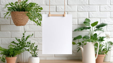 A bright, modern interior mockup featuring a blank white paper poster hanging from a wooden rail on a textured white brick wall, flanked by potted indoor plants on a wooden shelf, ideal for art prints, graphic design showcases, and interior decor presentations.の素材