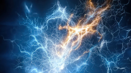 A dynamic 3D abstract render of a powerful electrical discharge or lightning strike, with glowing orange and blue energy connecting across a dark, particle-filled space, ideal for illustrating concepts of power, connection, energy transfer, or a dramatic scientific event. The image conveys immense force and high-speed motion.の素材