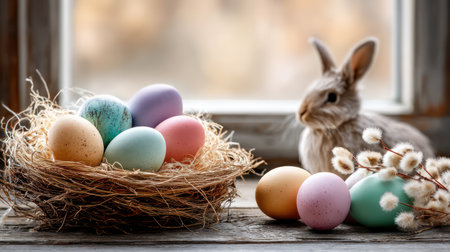 A charming, rustic scene featuring a ceramic Easter bunny, pastel-colored eggs in a straw nest, and copy space on a sunlit wooden table by a window, perfect for family-focused blogs, traditional holiday greetings, and cozy home decor promotions.の素材