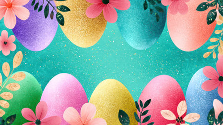 A dense, full-frame composition of watercolor Easter eggs and stylized spring flowers in rich pastel tones, accented with gold glitter and a soft watercolor wash background. This vibrant pattern is ideal for full-bleed backgrounds, festive wallpaper, wrapping paper, and abstract spring textures.の素材