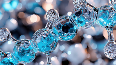 A highly detailed 3D macro render of a complex molecular chain structure made of clear glass, with hexagonal cells filled with a bright blue liquid, perfect for scientific, medical, or cosmetic industry presentations and advertising. The image conveys concepts of precision, innovation, and the microscopic world of chemistry and biology.の素材