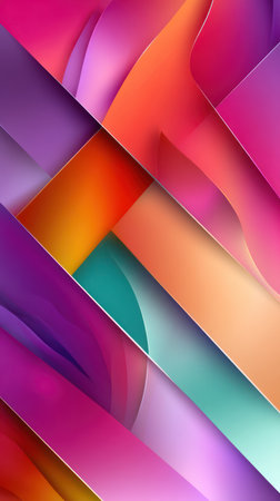 A dynamic geometric composition featuring layered gradient shapes in vivid pink, orange, teal, and purple tones. Ideal for marketing materials, app and web design, presentations, social media graphics, and modern branding projects seeking an energetic visual style.の素材