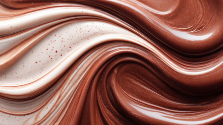 Smooth swirling patterns of rich brown chocolate blend with white streaks, forming an abstract fluid design sprinkled with subtle glitter.の素材