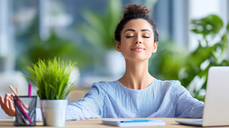 A young, attractive businesswoman sits at her desk, eyes closed, practicing mindful meditation with a peaceful expression, surrounded by office supplies and a plant, representing the importance of self-care and mental breaks at work. This image is excellent for HR materials, articles on female leadership, and workplace mental health.の素材