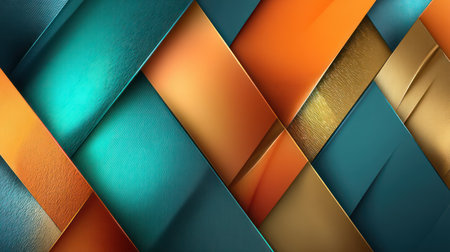 Bold abstract composition featuring overlapping diagonal stripes in vibrant orange, teal, and gold, each with a rich, textured surface. Perfect for tech brands, corporate presentations, or creative agencies seeking dynamic, modern backgrounds. Evokes energy, innovation, and luxury. Ideal for website headers, social media banners, or print design. Aligns with 2025-2026 trends in tactile textures, color blocking, and digital minimalismの素材