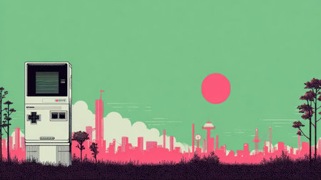 A nostalgic 8-bit style illustration featuring a large, classic handheld gaming console in the foreground, set against a pink cityscape silhouette and a bright green sky. This image is perfect for themes of retro gaming, technology, urban culture, and a blend of nature and digital life.の素材