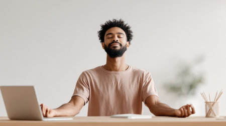 A handsome man sits at his office desk with a laptop, eyes closed, practicing mindful meditation and breathing exercises with his hands in a mudra position, symbolizing stress relief and work-life balance. This image is perfect for corporate wellness programs, articles on mental health, and modern office environment themes.の素材
