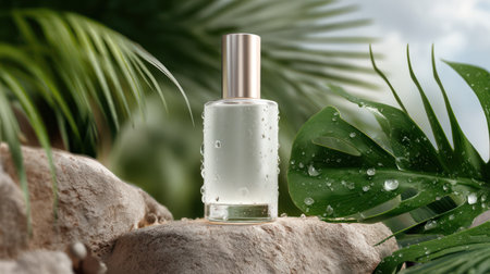 A luxurious and natural product mockup featuring a clear glass skincare bottle with a blank white label, placed on a wet black stone, surrounded by lush, dark tropical leaves, perfect for cosmetic branding, beauty product advertising, and natural wellness blogs.の素材