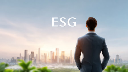 A business leader in a suit stands with his back to the viewer, looking over a vibrant, green cityscape with the acronym ESG floating above. This powerful image conveys themes of corporate vision, environmental commitment, and the integration of sustainability into urban development, perfect for annual reports and thought leadership articlesの素材