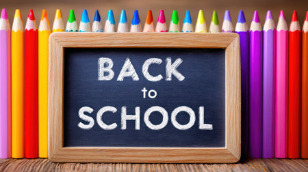 Back to School Chalkboard with Wooden Frame and Color Pencils. A.I.の素材