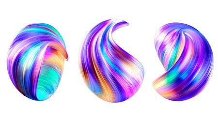 Set of Abstract Iridescent Swirl Shapes: Dynamic Liquid Twists on Black Transparent Backgroundの素材
