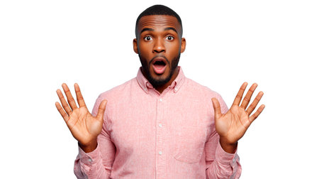 Surprised African American Man with Hands Up: Shock and Awe on Transparent Backgroundの素材