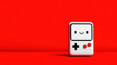 A charming, minimalist pixel art illustration of a handheld video game console with a smiling face, set against a bold, vibrant red backdrop. This image is perfect for marketing, blogs, and presentations related to retro gaming, technology, simplicity, and nostalgic design.の素材