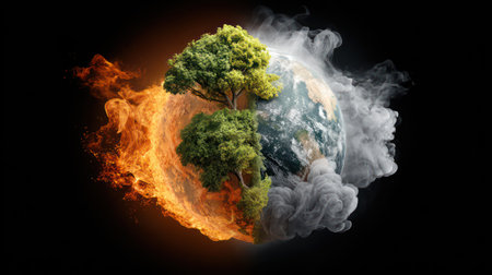 A dramatic digital illustration of Planet Earth split into two halves: one side is a vibrant, healthy green forest, and the other is engulfed in fire and smoke, symbolizing the urgent climate crisis and the choice between environmental protection and destruction. This image is powerful for campaigns, reports, and articles on global warming, sustainability, and the future of the planet.の素材