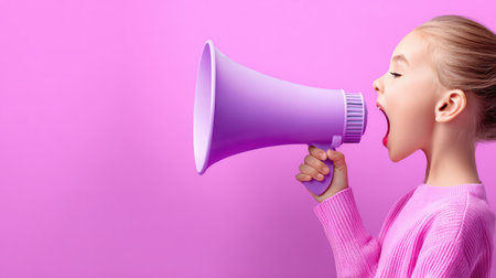 A cute young girl in profile view, wearing a pink sweater, shouting loudly into a solid purple megaphone, set against a vibrant, monochromatic pink background with ample copy space. This image is perfect for themes of childhood communication, announcement, protest, marketing, and attention-grabbing news for a younger audience.の素材