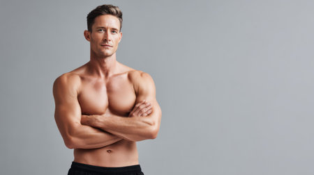 A studio shot of a fit, muscular Caucasian man in black shorts, showing his toned physique and six-pack abs against a neutral gray background, perfect for health, fitness, and sports-related marketing or editorial content. The image conveys a sense of achievement, dedication, and a healthy lifestyle.の素材