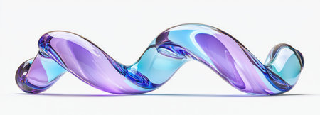 A striking 3D render of a transparent, twisted glass helix or spiral, featuring an iridescent color shift from blue to purple and magenta, ideal for science, technology, or modern design concepts. The clean white background emphasizes the structure's clarity, complexity, and vibrant, futuristic aesthetic.の素材