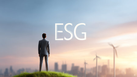 A business leader in a suit stands with his back to the viewer, looking over a vibrant, green cityscape with the acronym ESG floating above. This powerful image conveys themes of corporate vision, environmental commitment, and the integration of sustainability into urban development, perfect for annual reports and thought leadership articlesの素材