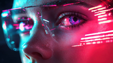 A gritty, close-up portrait of a cyberpunk woman with intense red eyes, digital facial tattoos, and a neon-lit atmosphere, ideal for themes of hacking, artificial intelligence, and dystopian futures. The image conveys a sense of rebellion, high-tech surveillance, and a strong, edgy aesthetic.の素材