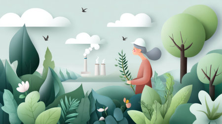 A beautiful, layered paper-cut style illustration showing a woman in a lush green foreground holding a leaf, with smoking factory chimneys visible in the background, symbolizing the conflict between nature and industrial pollution. This image is perfect for environmental advocacy, corporate social responsibility reports, and discussions on green transition and pollution control.の素材