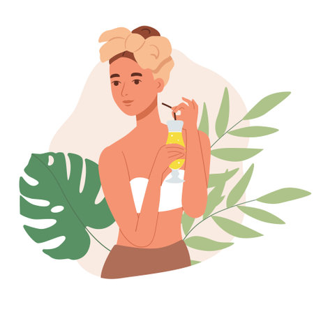 Young woman in swimsuit with cocktail on vacation. Summer beach relax on the sea. Vector isolated illustration on the white backgroundのイラスト素材