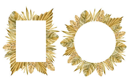 Watercolor hand painted rectangular and oval frames with tropical jungle leaves on white background. Hand drawn floral boho illustration for wedding, anniversary, birthday, etc. invitationsの写真素材