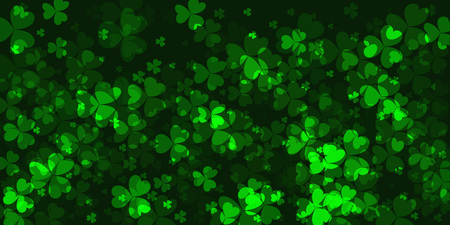 Saint Patricks Day pattern with green four and tree leaf clovers on green background. Vector illustration. Party invitation design, typographic template. Lucky and success symbolsのイラスト素材