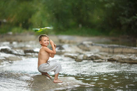 The boy under the burdock. Kid hiding from the rain under the leaves and laughing. Outdoor gamesの写真素材