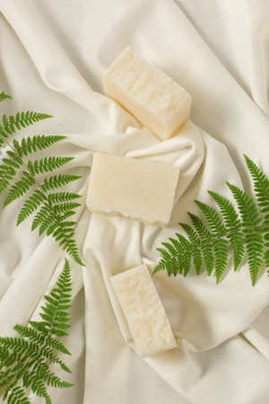 Natural handmade cocoa soap with ferm on white background, spa organic soapの写真素材